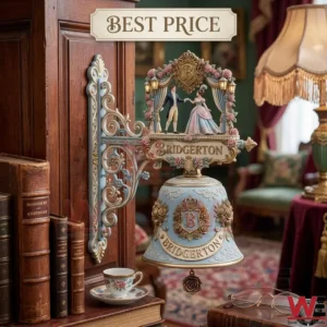 Wall mounted Bridgerton themed bell with a dancing couple figurine and floral gold accents.