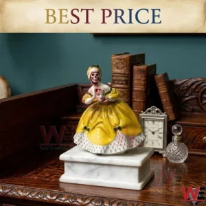 Broken Ladies Figure Doll 8 Porcelain figure in a yellow dress holding a face mask to show a skeleton head!