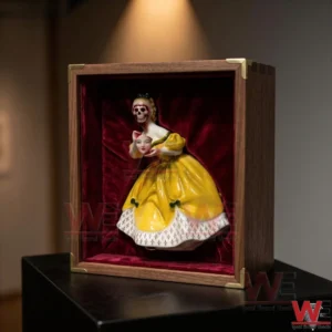 Broken Ladies Figure Doll 9 Yellow dress porcelain doll with a skull face in a red velvet shadow box!