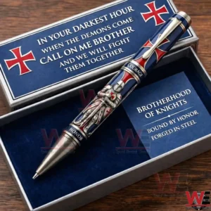 Brotherhood of Knights Pen 3 A collectors knight pen resting in an open display box with blue velvet and white text on the inside cover!