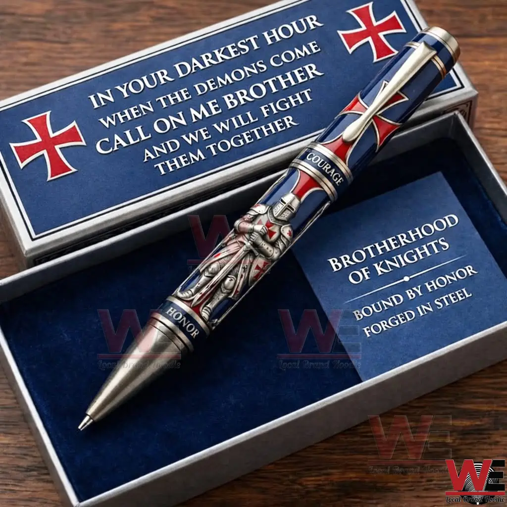 Brotherhood of Knights Pen 2 A collectors knight pen resting in an open display box with blue velvet and white text on the inside cover!