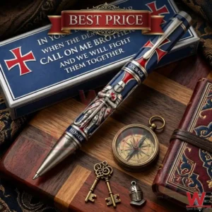 Detailed knight themed pen with silver armor carvings and blue accents placed next to a golden compass and old keys on wood!