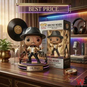 This is a photographic image of a pop culture vinyl figure on a detailed display! The central figure is dressed in a black hat and gold jacket and stands on a tiered circular stand with illuminated edges and a plaque that says 24K Magic! To its right is a matching cardboard window box for the figure with visible text and graphics including the name Bruno Mars! Above them hangs a brass sign with the words BEST PRICE! On the wooden desk around the figure are various items including a glass cocktail with a lemon slice a framed vinyl record a vintage microphone and a stack of books with the top one labeled ART AND FASHION! Gold and black headphones and a brass compass are also visible! The background shows a detailed shelving unit with more display items!