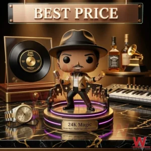 Bruno Mars 24k Magic Pop Figure Doll 4 A detailed photograph of a pop-culture vinyl figure of a male singer with a black hat and gold jacket standing on an illuminated purple and gold base! The base reads 24K Magic! The entire scene is set on a highly reflective black marble surface! A two-tone metal wristwatch is on the marble surface to the left of the figure! In the background on a wooden shelf are a framed vinyl record two bottles of liquor a brass gramophone and a MIDI keyboard controller! Above the figure is a brushed metal sign with the text BEST PRICE!