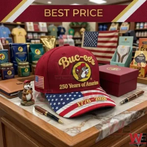 Maroon Buc'ees commemorative baseball cap on a counter.