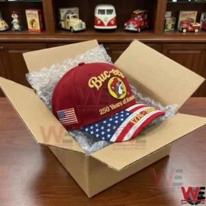 Buc-ee's 250 Years of American Cap 3 Commemorative cap protected by bubble wrap in a shipping box.