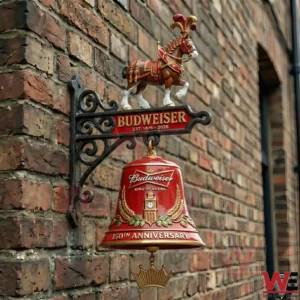 Budweiser 150th anniversary wall bell sign mounted on a brick wall with a horse figure on top!
