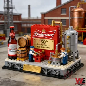 Miniature Budweiser brewery scene with red logo wall, 150th anniversary plaque, barrels, bottle, and small worker figures!