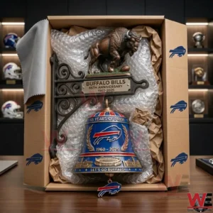 Buffalo Bills Buffalo Pride 65th Anniversary Wall Bell 3 A Buffalo Bills anniversary wall bell packaged inside a cardboard box for shipping!