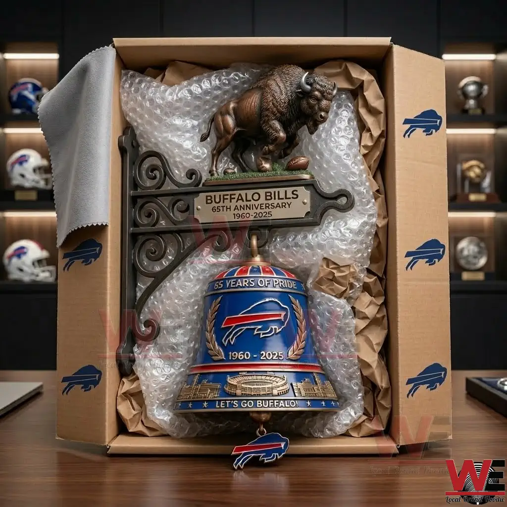 Buffalo Bills Buffalo Pride 65th Anniversary Wall Bell 2 A Buffalo Bills anniversary wall bell packaged inside a cardboard box for shipping!