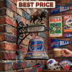 Commemorative Buffalo Bills 65 Years of Pride wall bell mounted on a rustic brick wall!