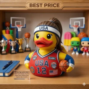 Caitlin Clark Team USA Rubber Duck 3 Team USA basketball duck figure displayed on a shelf with trophies!