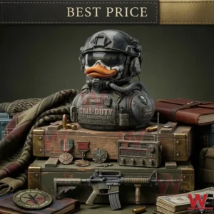 A detailed Ghost character rubber duck on military crates with various army gear!