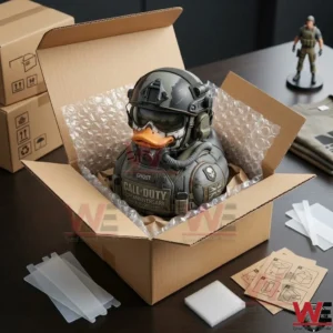 Call of Duty 23rd Anniversary Tactical Duck 3 An open shipping box containing the Ghost rubber duck with protective packing material!