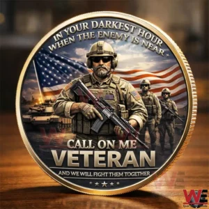 Veteran challenge coin art with soldiers holding rifles and an American flag background!