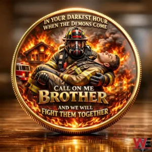 Firefighter holding a rescued person in front of a burning house on a coin!
