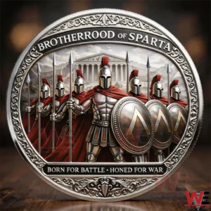 Silver coin showing a line of spartan warriors with red capes and round shields!