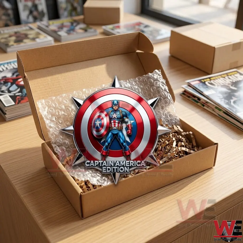 Captain America Edition Car Name Badge 4 Spiked Captain America sign packed in a box.