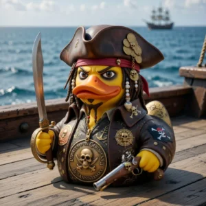 Pirate duck figure holding a sword and pistol on a ship deck!