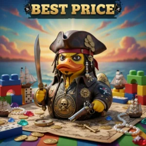 Pirate duck collectible in a toy display with treasure and ships!