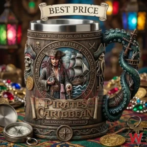 A Pirates of the Caribbean 20th anniversary mug with Jack Sparrow and a tentacle handle!