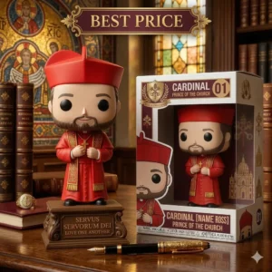 Cardinal inspired collectible figure beside its display box on a desk!