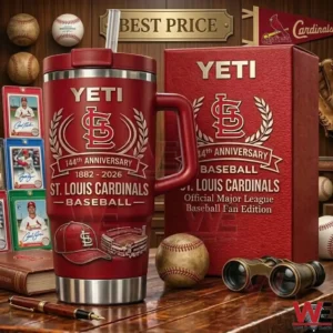 A commemorative St Louis Cardinals baseball anniversary Yeti tumbler and its red gift box!
