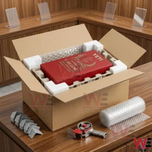 A red anniversary gift box being packaged for shipment with various protective materials!