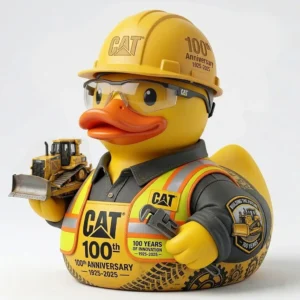 Yellow CAT anniversary duck holding a small bulldozer model!