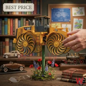 A detailed yellow CAT loader model with fan blade wheels mounted on a decorative pole surrounded by miniature flowers.