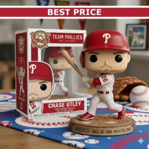 Chase Utley Phillies collectible with display box on baseball themed table!