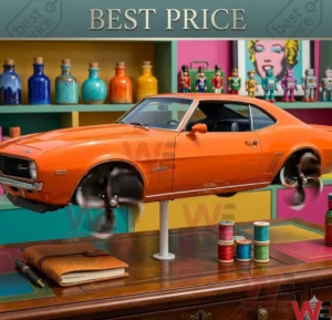 An orange Camaro car model with spinning propellers instead of wheels is mounted on a stand over a wooden desk! The background features vibrant shelves with toys and bottles!