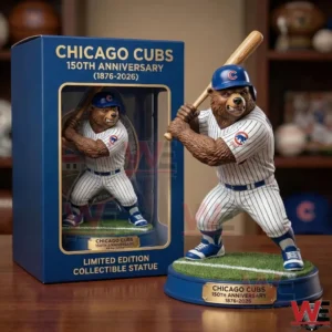 Chicago Cubs bear baseball statue beside anniversary collector box!
