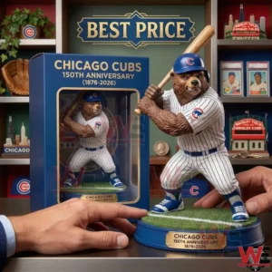 Chicago Cubs 150th Anniversary Collectible Bear Statue 5 Chicago Cubs bear statue on display with collector box and best price sign!