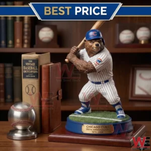 Chicago Cubs 150th Anniversary Collectible Bear Statue 6 Chicago Cubs bear statue displayed on a table with baseball decor!