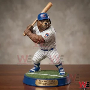 Chicago Cubs 150th Anniversary Collectible Bear Statue 7 Close view of Chicago Cubs bear baseball statue on display base!