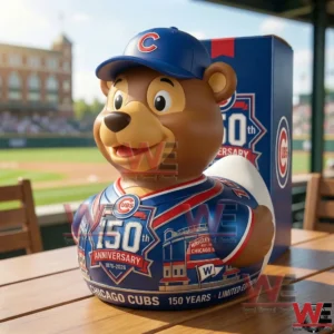 Chicago Cubs 150th Anniversary Collectible Duck 9 Brown bear Cubs anniversary collectible on a table with display box behind it!