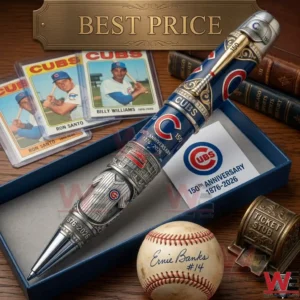 Commemorative baseball themed pen with 150th anniversary branding sitting next to a signed baseball and vintage trading cards!