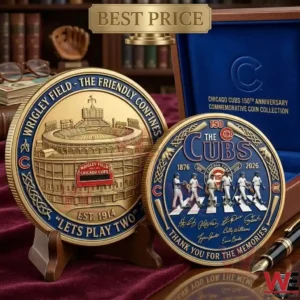 Two commemorative Chicago Cubs baseball coins displayed with historical details and fan quotes on a wooden table!