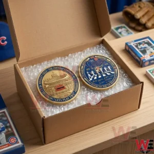 Top down view of an open mailing box with two metallic Chicago Cubs coins protected by bubble wrap!
