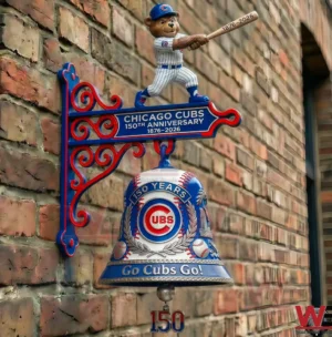 Chicago Cubs anniversary wall bell with bear batter figure mounted on a brick wall!