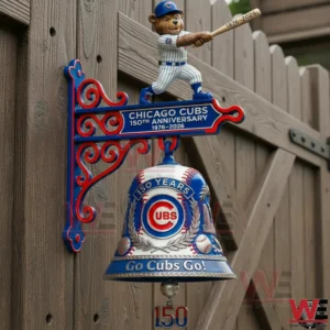 Chicago Cubs 1876-2026 150th Anniversary Wall Bell 5 Chicago Cubs anniversary wall bell mounted on a wooden fence!