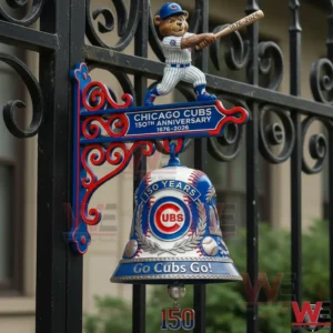 Chicago Cubs 1876-2026 150th Anniversary Wall Bell 6 Chicago Cubs anniversary wall bell hanging on an iron gate!