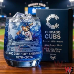 Chicago Cubs anniversary whiskey glass beside matching gift box!