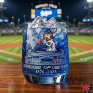 Chicago Cubs Clark Mascot 1876-2026 Whiskey Glass 5 Chicago Cubs anniversary whiskey glass in front of baseball field!
