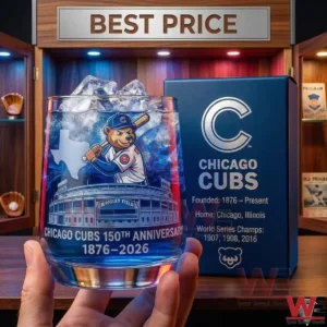 Chicago Cubs Clark Mascot 1876-2026 Whiskey Glass 6 Hand holding Chicago Cubs anniversary whiskey glass beside gift box!
