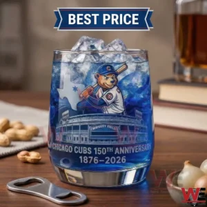 Chicago Cubs Clark Mascot 1876-2026 Whiskey Glass 7 Chicago Cubs anniversary whiskey glass on table in home setting!