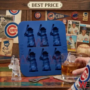 Chicago Cubs Clark Mascot Shaped Ice Cube Mold 3 Chicago Cubs mascot ice mold with whiskey glass in a fan themed bar display!