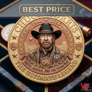 A gold and bronze commemorative coin of Chuck Norris with Western themed engravings.
