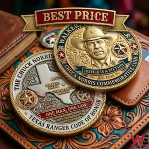 Two sides of a Texas Ranger commemorative coin featuring Chuck Norris on leather.
